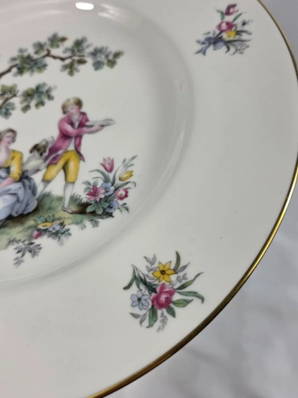TWO Royal Worcester Watteau Luncheon Plates People in Center with Flowers & Tree